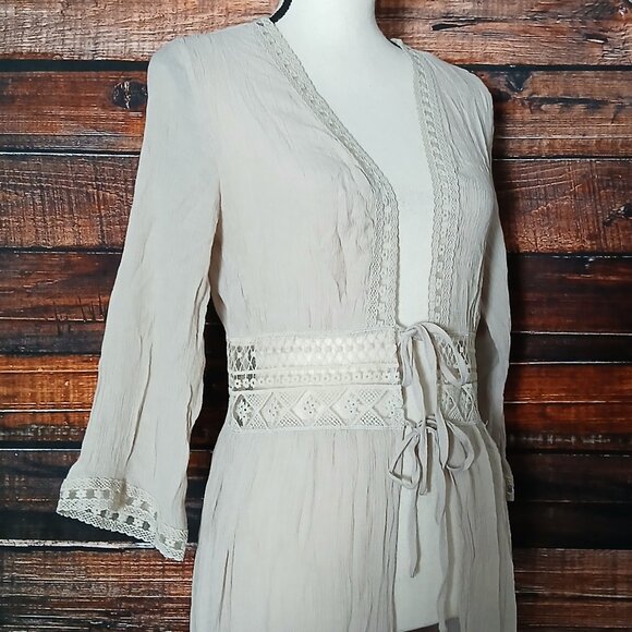Rebellion Again Small Boho Kimono Duster Renaissance Cover Crochet Taupe - Picture 6 of 9